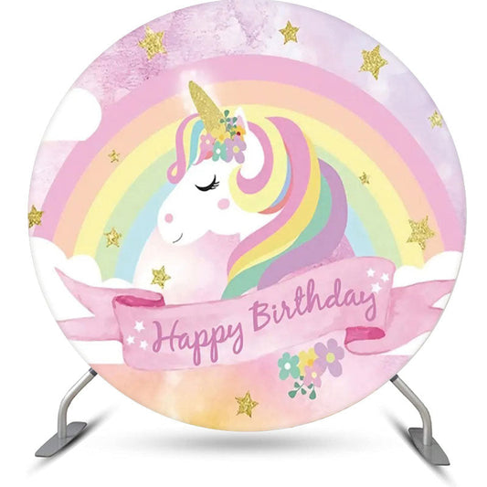 Lofaris Rainbow Unicorn Gold Star Round Birthday Backdrop