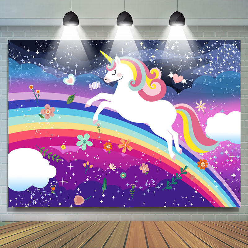 Lofaris Rainbow Unicorn Night Glitter Birthday Party Backdrop
