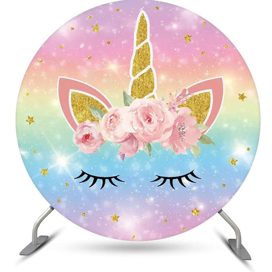 Lofaris Rainbow Unicorn Pink Floral Round Birthday Backdrop