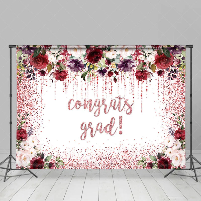Lofaris Red And Pink Floral Glitter Congrats Grad Backdrop