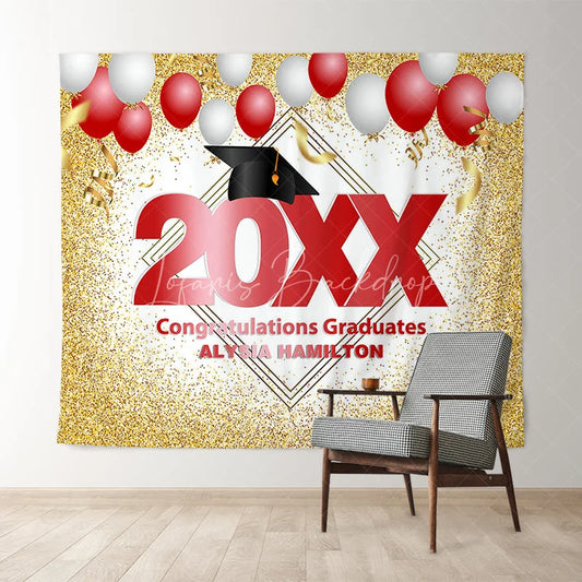 Lofaris Red And White Ballons Gold Glitter 2022 Graduation Backdorp