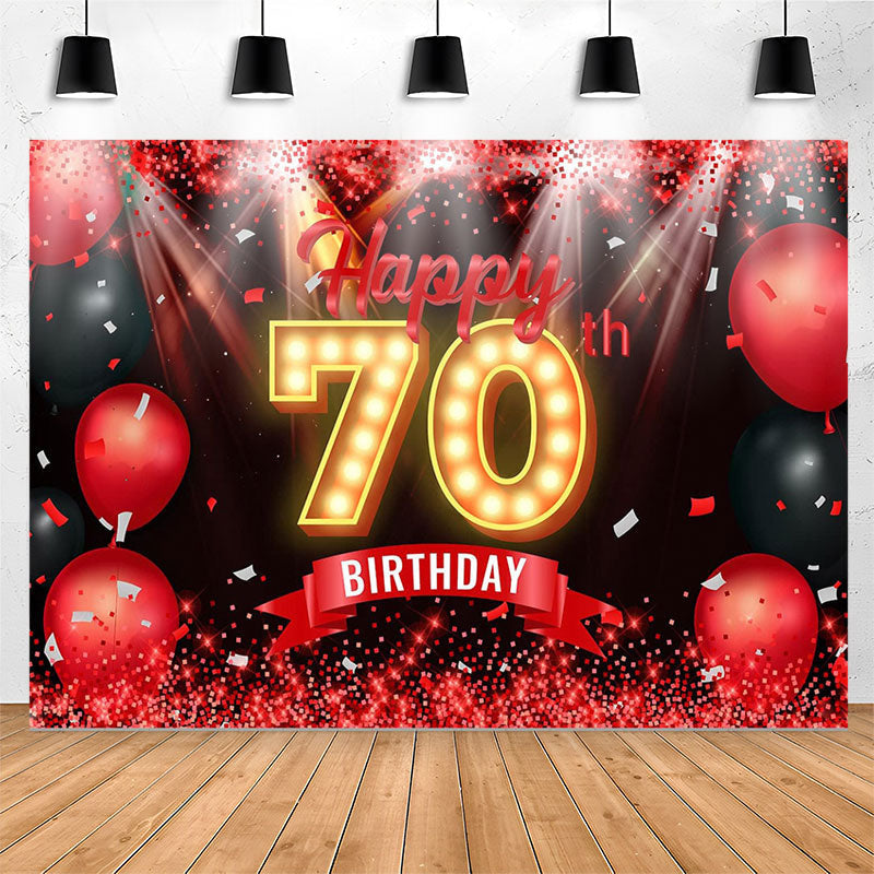 70th Red Lettering Red Balloon Ribbon Glitter 70th Birthday Backdrop - Lofaris