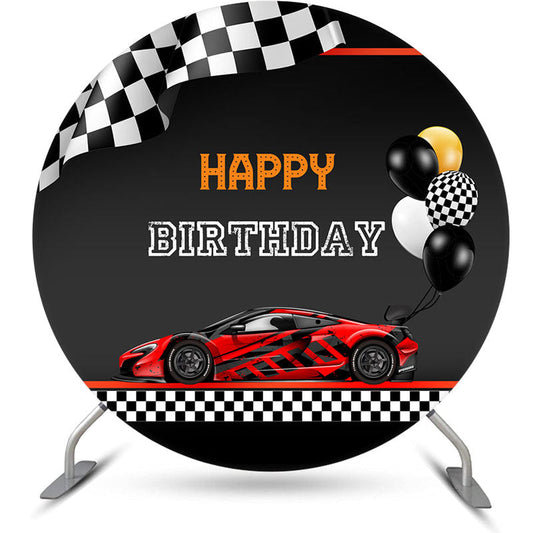 Lofaris Red Black Car Balloons Round Happy Birthday Backdrop