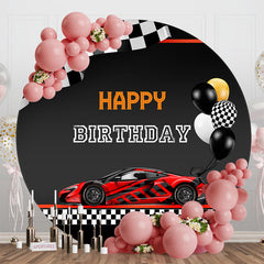 Lofaris Red Black Car Balloons Round Happy Birthday Backdrop