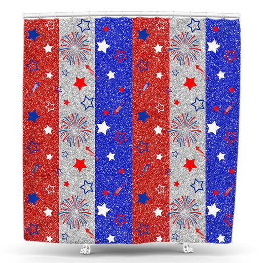 Lofaris Red Blue White Stripe Sparkle Star Shower Curtain