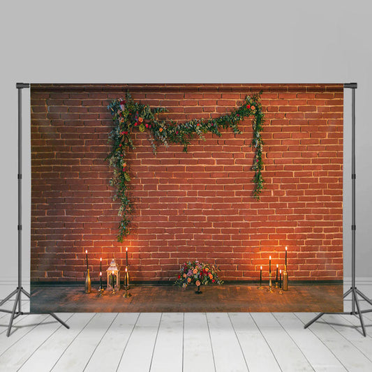 Lofaris Red Brick Wall Candle Flower Leaf Wedding Backdrop