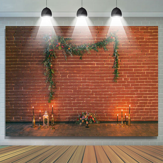 Lofaris Red Brick Wall Candle Flower Leaf Wedding Backdrop