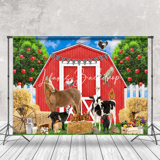 Lofaris Red Cabin Farm Animals Birthday Cake Smash Backdrop