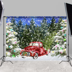 Lofaris Red Car And Green Pines Winter Snowflake Backdrops