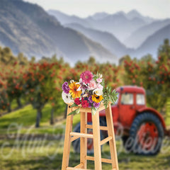 Lofaris Red Car Apple Orchard Mountain Spring Photo Backdrop