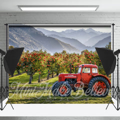 Lofaris Red Car Apple Orchard Mountain Spring Photo Backdrop
