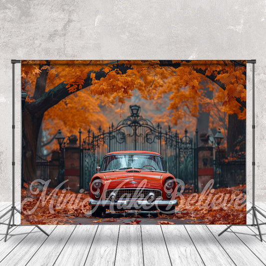 Lofaris Red Car Leaves Gate Fence Autumn Backdrop For Photo