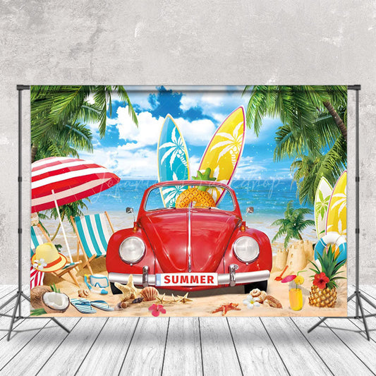 Lofaris Red Car Sandy Beach Palm Trees Summer Photo Backdrop