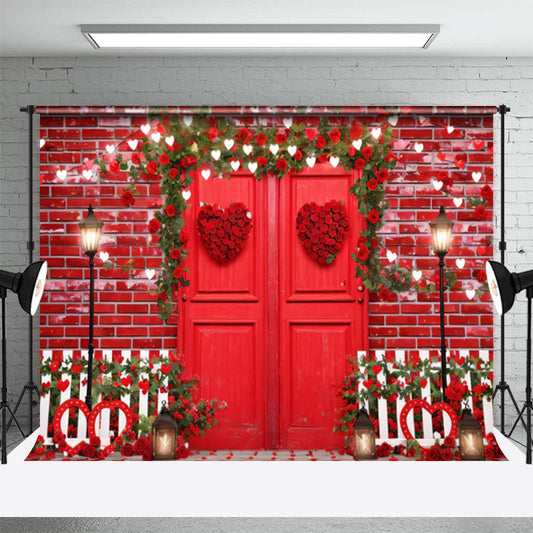 Lofaris Red Door Brick Wall Flowers Valentines Day Backdrop