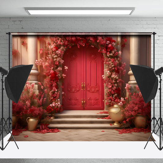 Lofaris Red Floral Door Luxury Backdrop For Photography