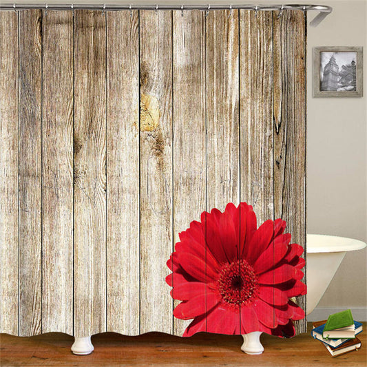 Lofaris Red Flower Wood Plants Rustic Hotel Shower Curtain