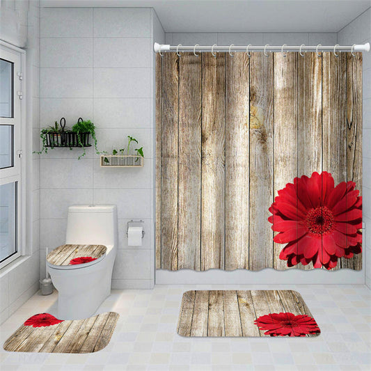 Lofaris Red Flower Wood Plants Rustic Hotel Shower Curtain