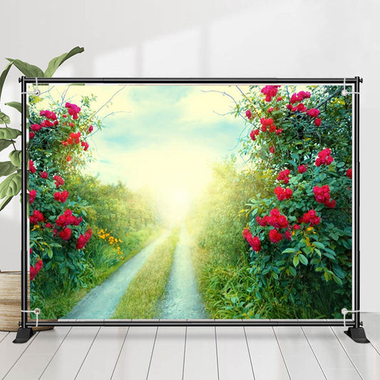 Lofaris Red Flowers Green Grass Field Path Spring Backdrop