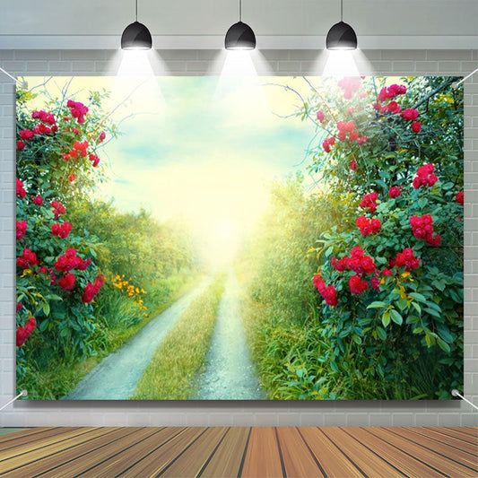 Lofaris Red Flowers Green Grass Field Path Spring Backdrop