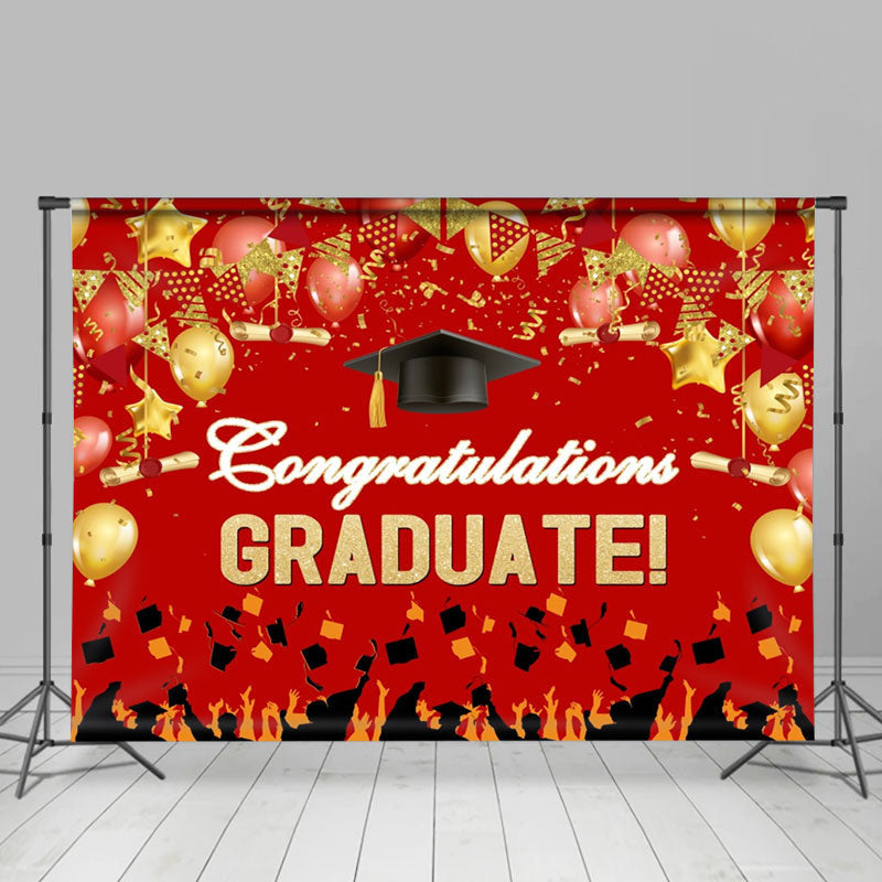 Lofaris Red Gold Bachelor Cap Balloon Congrats Grad Backdrop