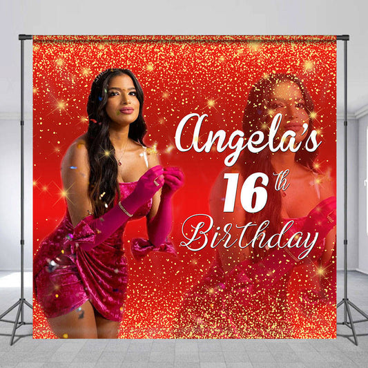 Lofaris Red Gold Glitter Custom Photo 16th Birthday Backdrop