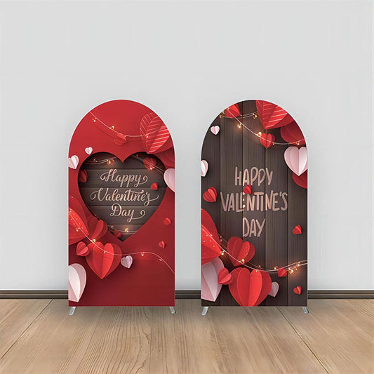 Lofaris Red Hearts Brown Wood Valentines Arch Backdrop Kit