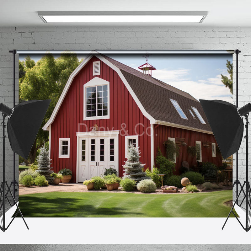 Lofaris Red House Tree Grass Sky Spring Backdrops For Photo