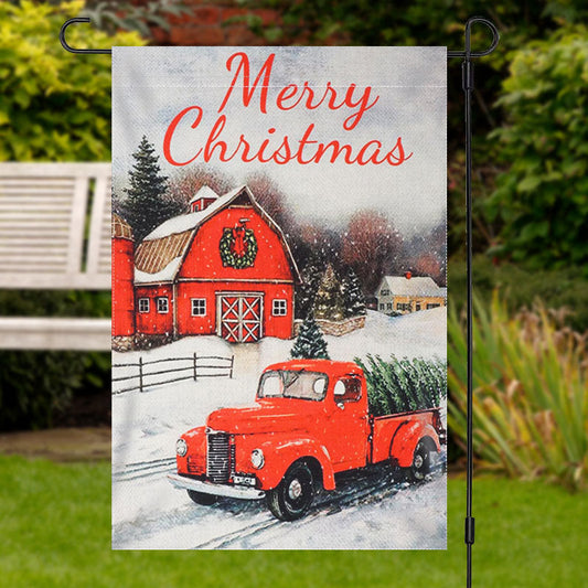 Lofaris Red House Truck Snowy Merry Christmas Garden Flag