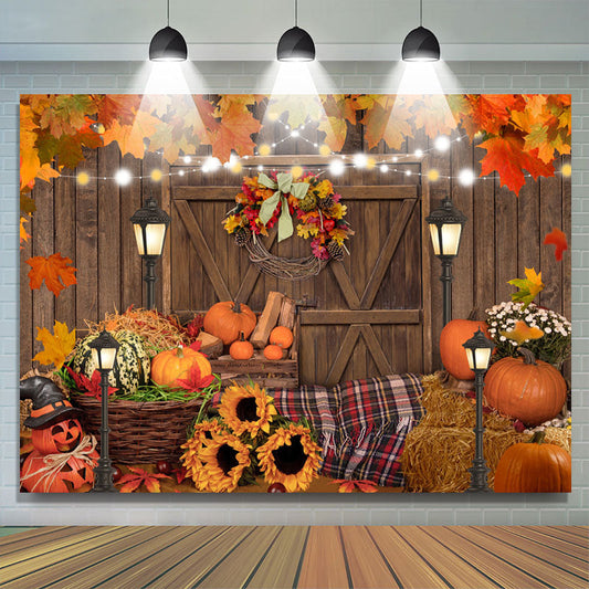 Lofaris Red Maples Pumpkins Wood Door Autumn Backdrop For Decor