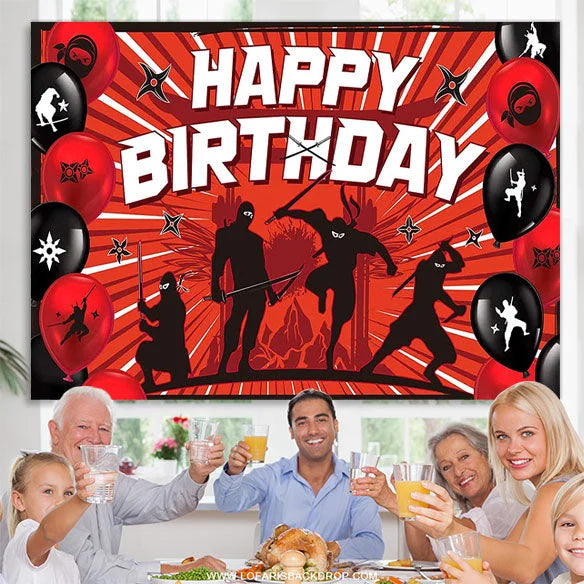 Lofaris Red Ninjas Theme Balloons Happy Birthday Backdrop
