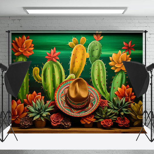 Lofaris Red Orange Floral Cactus Mexican Fiesta Backdrop