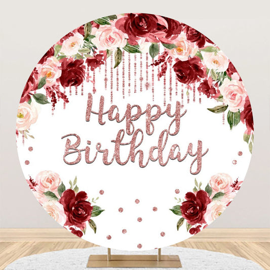 Lofaris Red Pink Floral Diamond Round Happy Birthday Backdrop