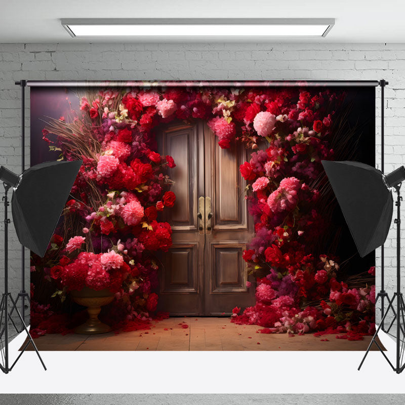 Lofaris Red Pink Rose Brown Door Backdrop For Photography