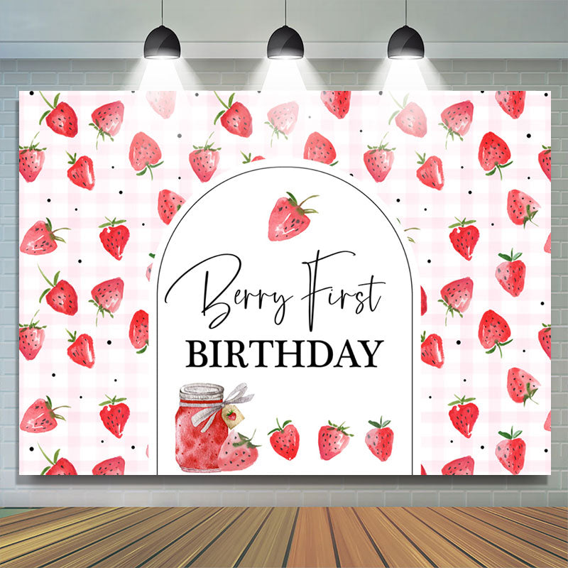 Lofaris Red Pink Strawberries Repeat 1st Birthday Backdrop
