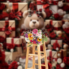 Lofaris Red Plaid Teddy Bear Gifts Flowers Photo Backdrop