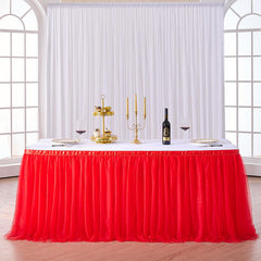 Lofaris Red Rectangle Tulle Ruffle Banquet Table Skirt