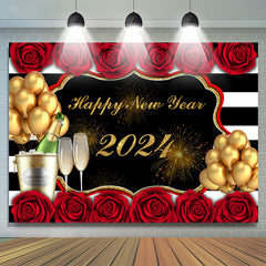 Lofaris Red Rose And Gold Balloons Happy New Year Backdrop