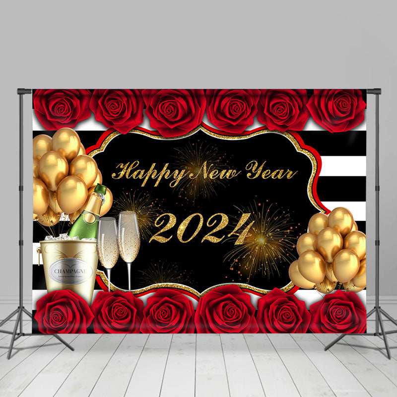 Lofaris Red Rose And Gold Balloons Happy New Year Backdrop