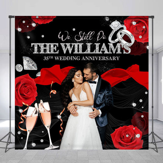 Lofaris Red Rose Black Custom Name Anniversary Backdrop