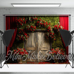 Lofaris Red Rose Curtain Green Bush Old Wood Door Backdrop