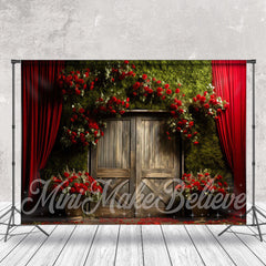 Lofaris Red Rose Curtain Green Bush Old Wood Door Backdrop