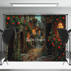 Lofaris Red Rose Retro Building Valentines Day Backdrop