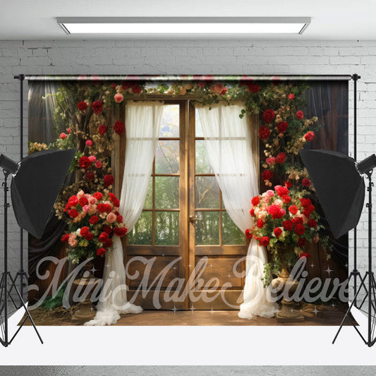 Lofaris Red Rose Wood Door Curtian Forest Photo Backdrop
