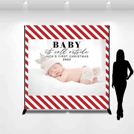 Lofaris Red Stripes Custom 1st Christmas Birthday Backdrop