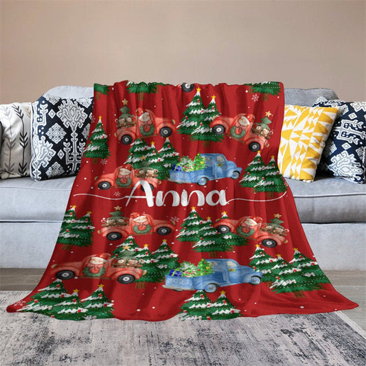 Lofaris Red Trees Truck Custom Name Christmas Gift Blanket