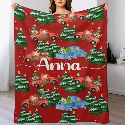 Lofaris Red Trees Truck Custom Name Christmas Gift Blanket