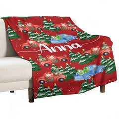 Lofaris Red Trees Truck Custom Name Christmas Gift Blanket