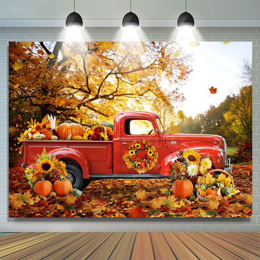 Lofaris Red Truck Pumpkin Maple Tree Autumn Backdrop For Decor