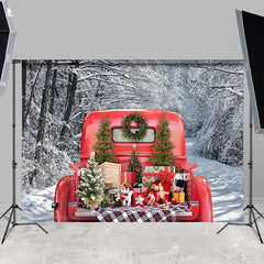 Lofaris Red Truck Snow Forest Photography Winter Backdrop