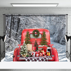 Lofaris Red Truck Snow Forest Photography Winter Backdrop